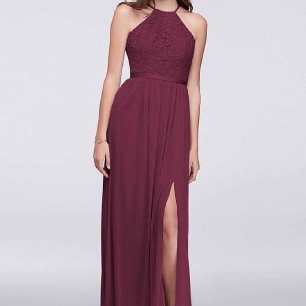 David's Bridal Open-Back Lace and Mesh Bridesmaid Dress in Wine